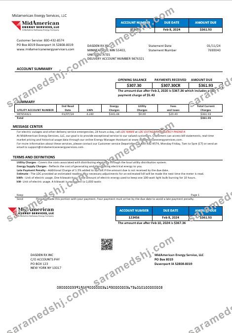 USA Iowa MidAmerican Energy Services business utility bill template in Word and PDF formats
